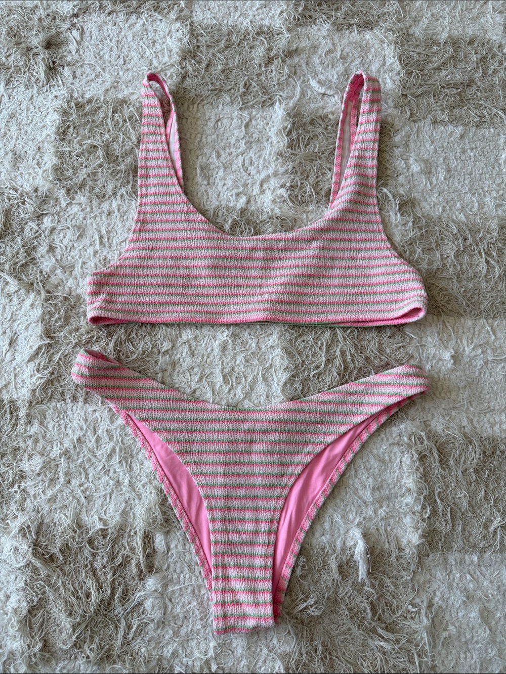 Topshop Pink and Cream Ribbed Stripe Bikini